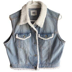 Madden NYC Lightwash Blue Jean Vest Jacket Fleece Look Women's Size Large